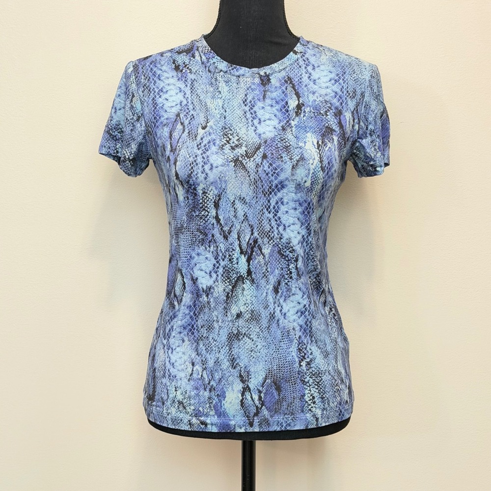 L'AGENCE Ressi T-Shirt Womens S Light Blue Textured Snake Print Crewneck Top USA